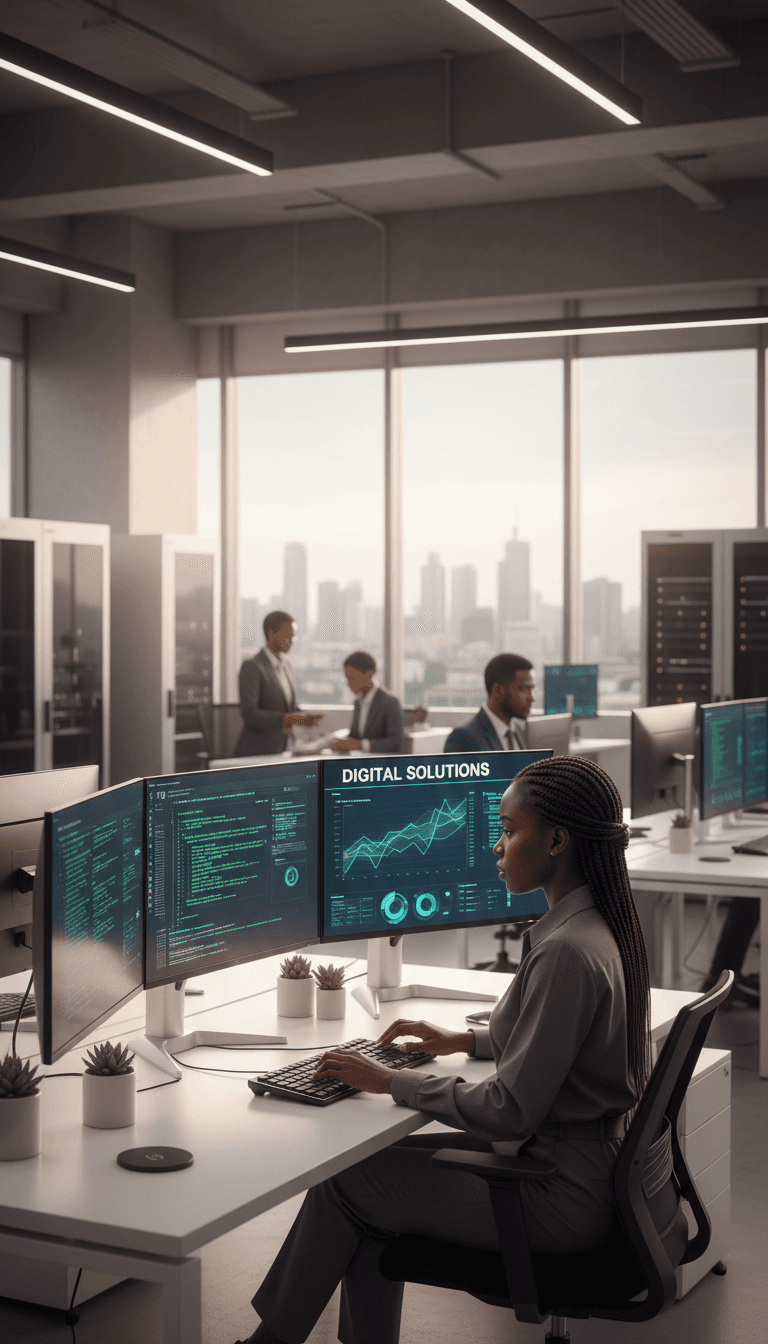 Developer working at a modern tech workstation with multiple monitors in a bright office.