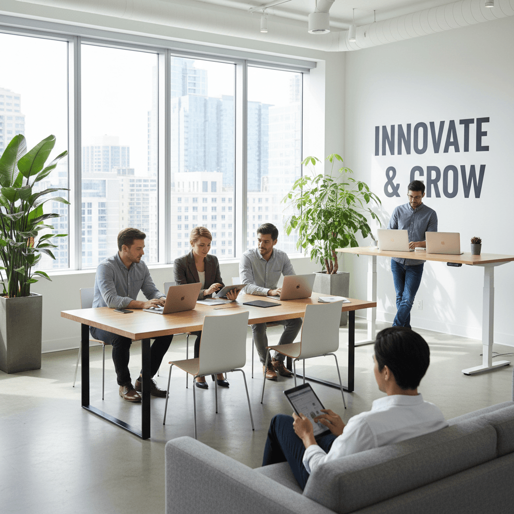 Digital solutions team collaborating in modern office